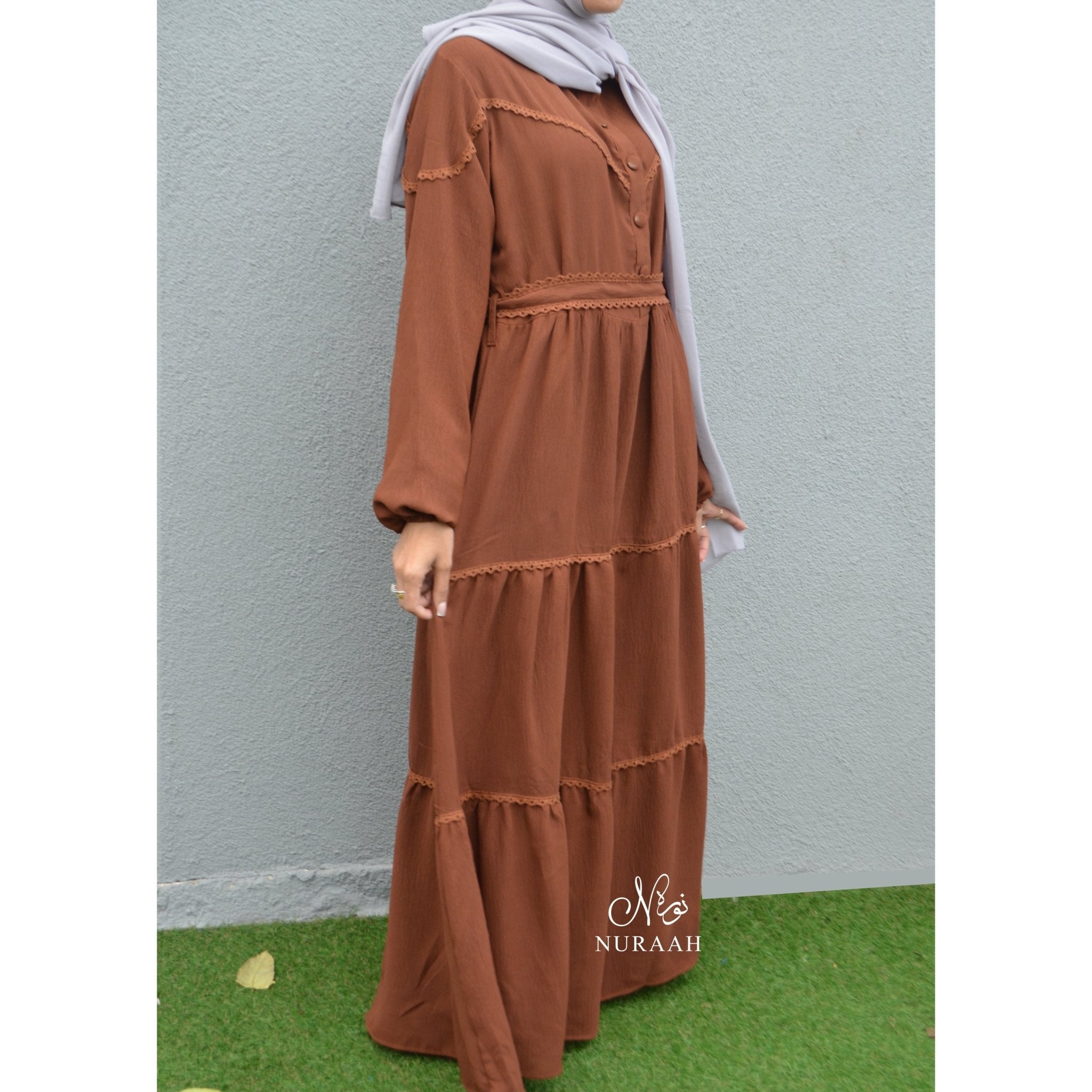 LACE TRIM TIERED DRESS RUST - NURAAH
