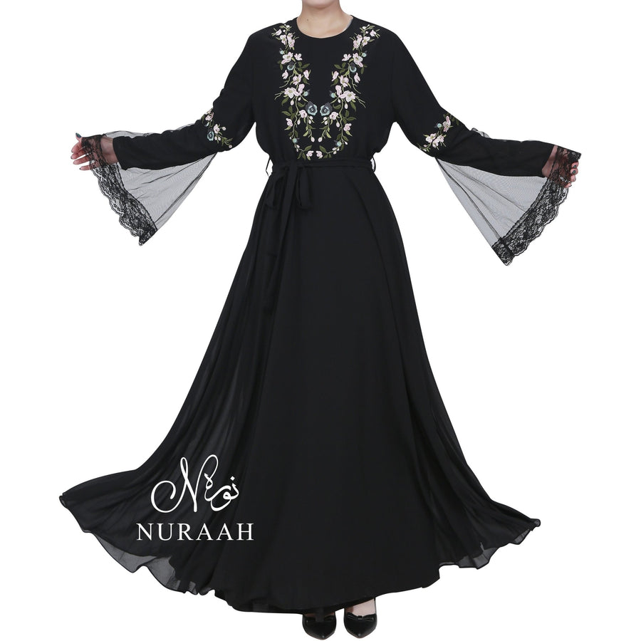 NET SLEEVES EMBROIDERY DRESS BLACK - NURAAH