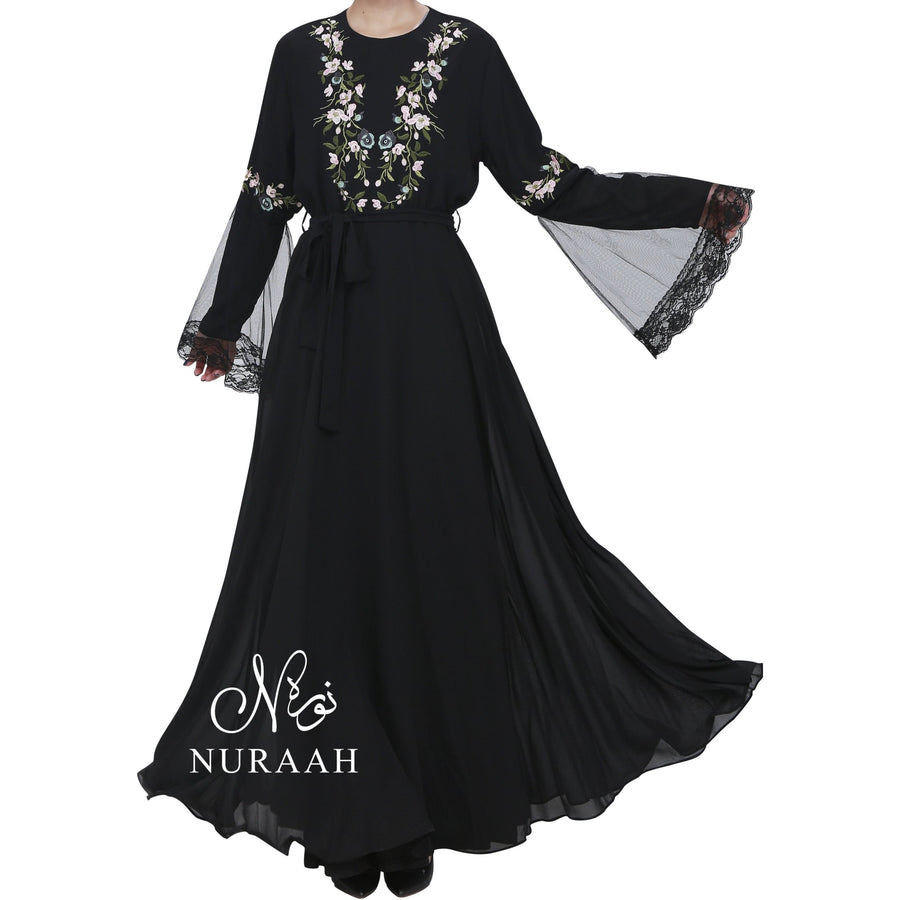 NET SLEEVES EMBROIDERY DRESS BLACK - NURAAH