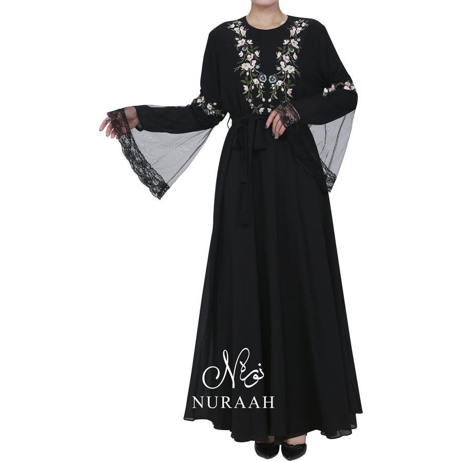 NET SLEEVES EMBROIDERY DRESS BLACK - NURAAH