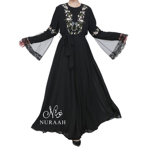 NET SLEEVES EMBROIDERY DRESS BLACK - NURAAH