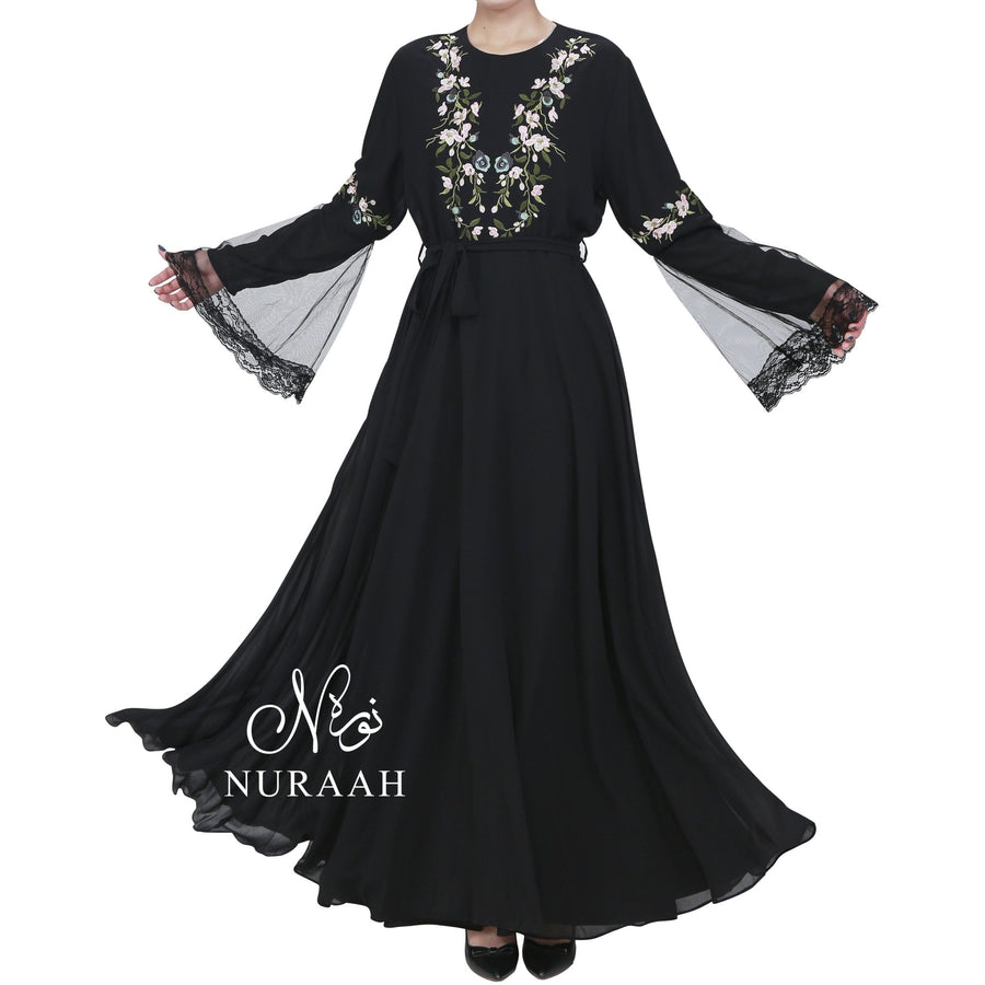 NET SLEEVES EMBROIDERY DRESS BLACK - NURAAH