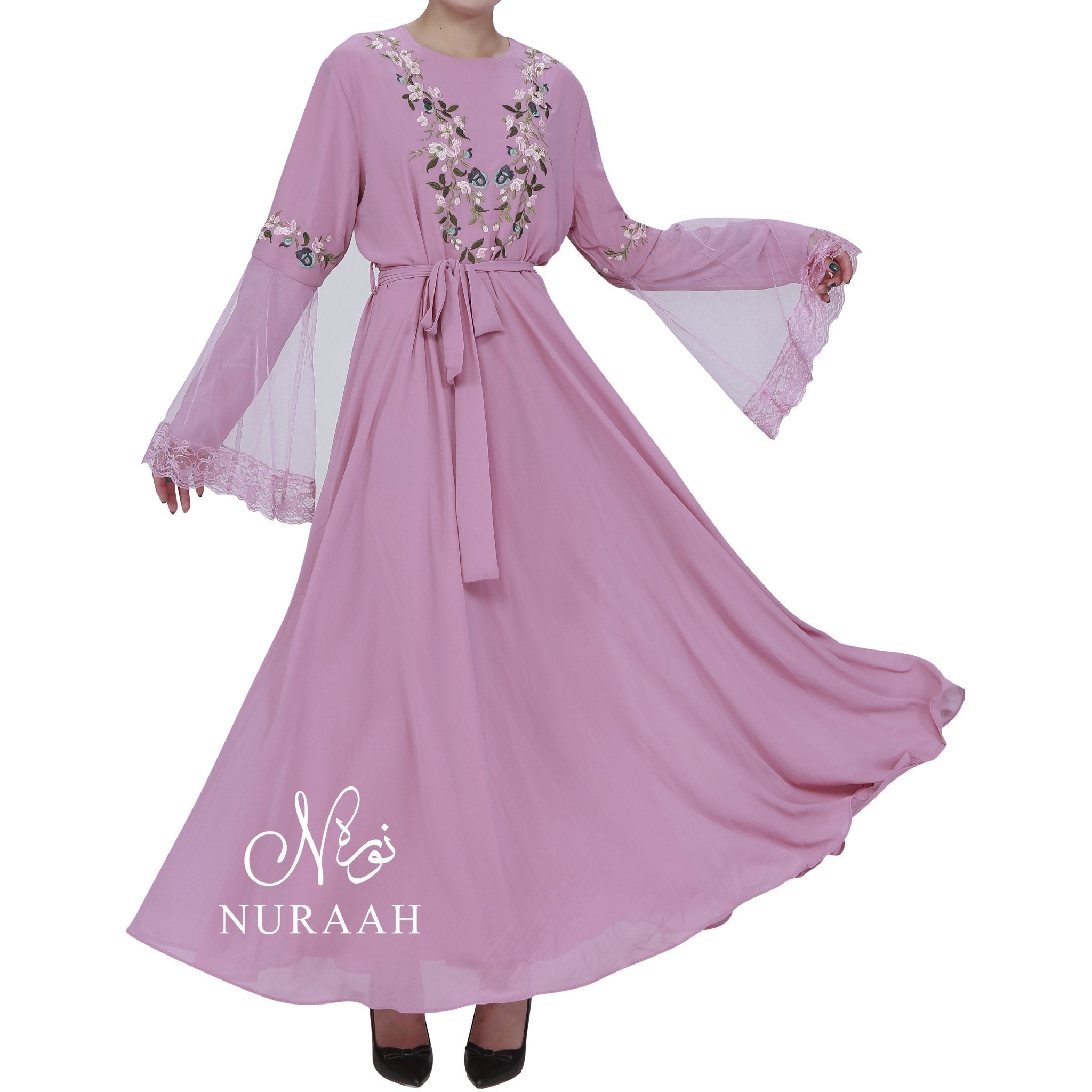 NET SLEEVES EMBROIDERY DRESS PINK 01 - NURAAH
