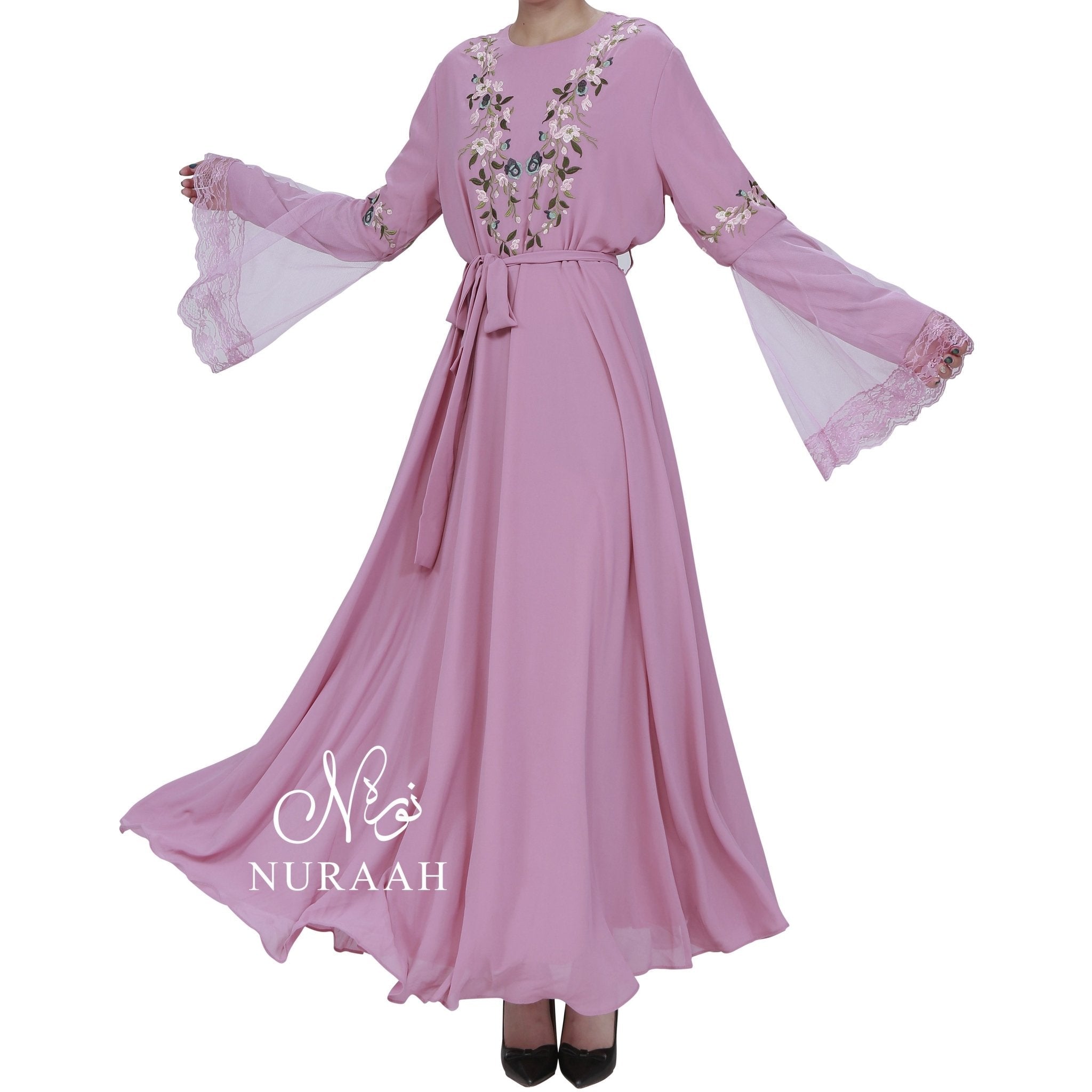 NET SLEEVES EMBROIDERY DRESS PINK 01 - NURAAH