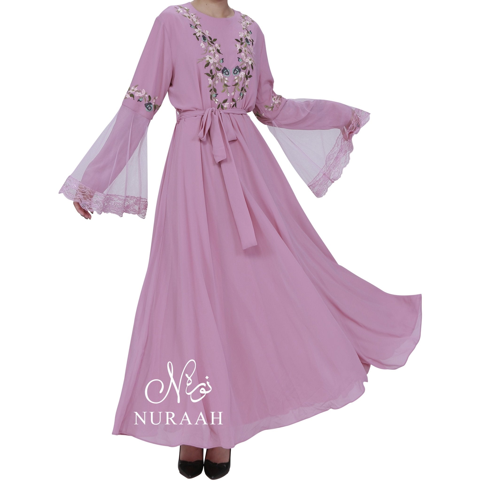 NET SLEEVES EMBROIDERY DRESS PINK - NURAAH