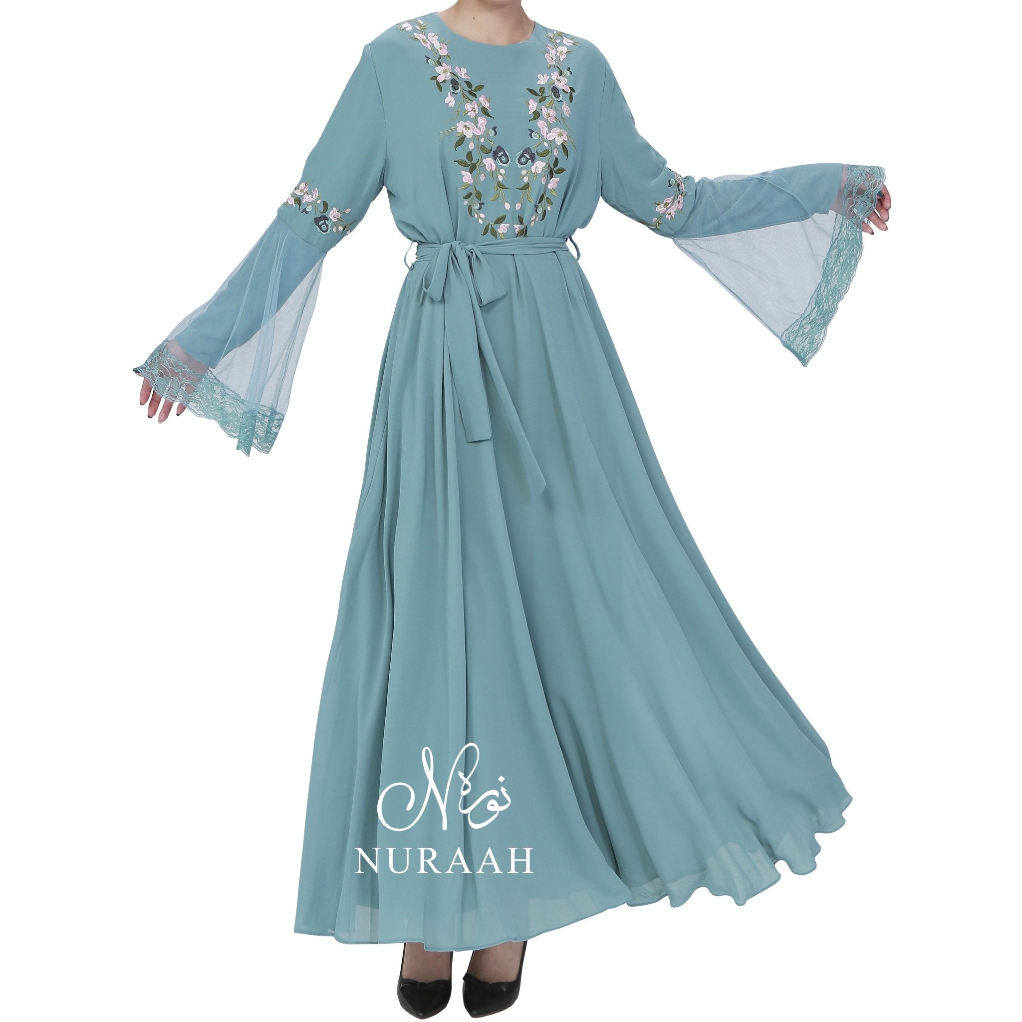 NET SLEEVES EMBROIDERY DRESS POWDER BLUE - NURAAH