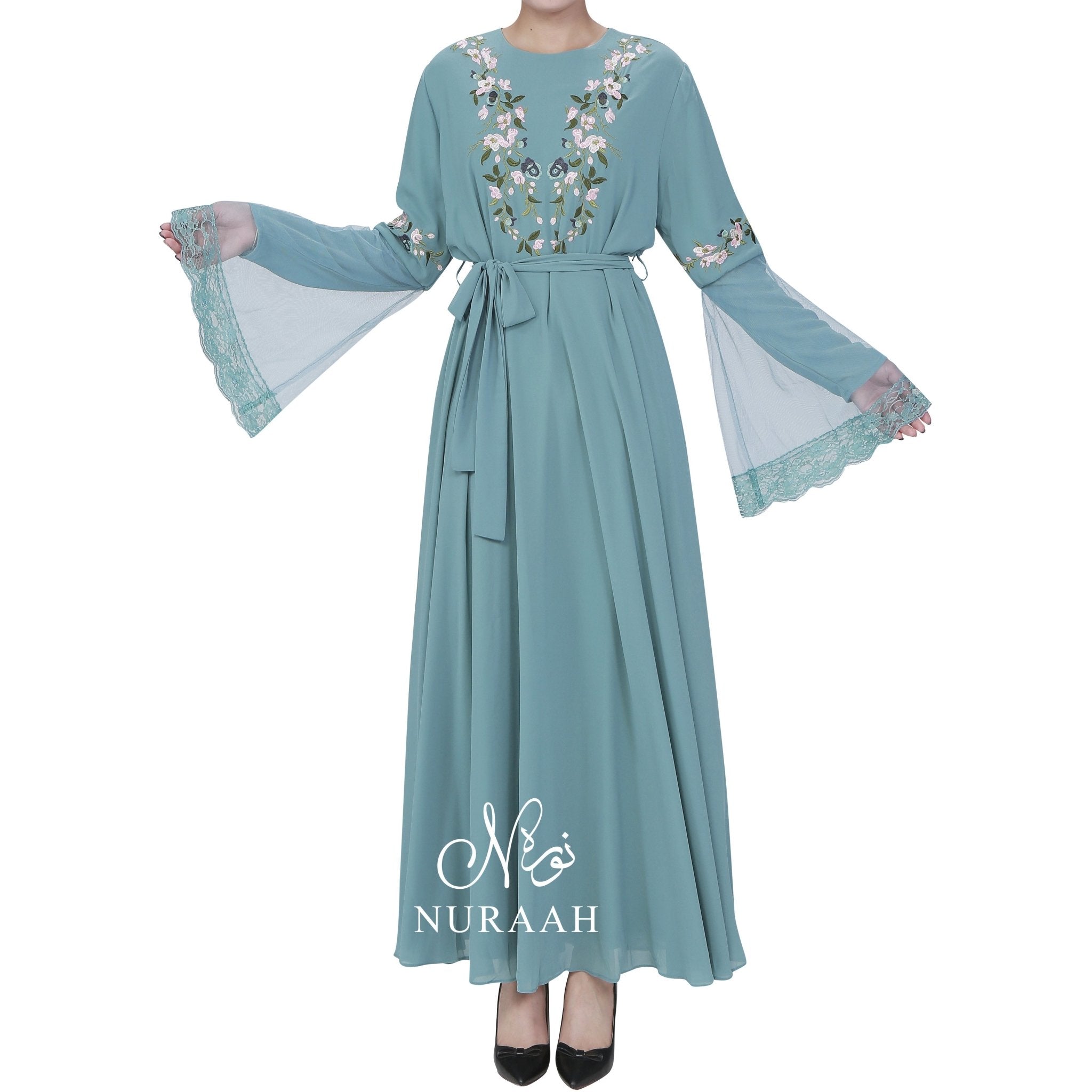 NET SLEEVES EMBROIDERY DRESS POWDER BLUE - NURAAH