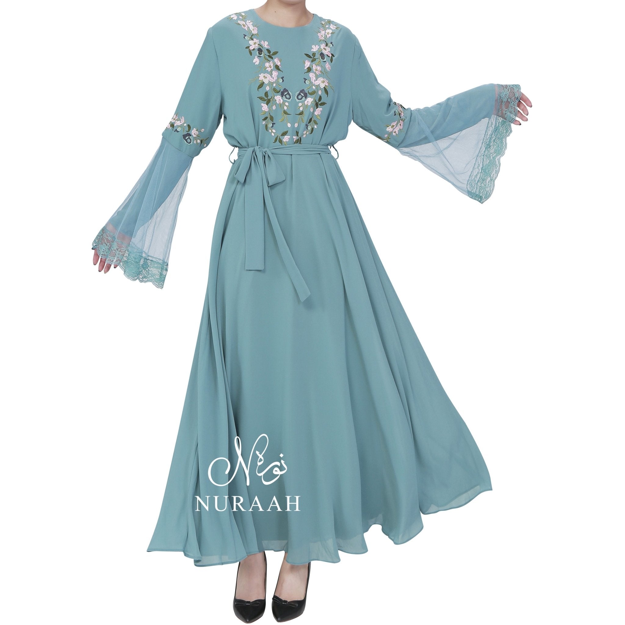 NET SLEEVES EMBROIDERY DRESS POWDER BLUE - NURAAH