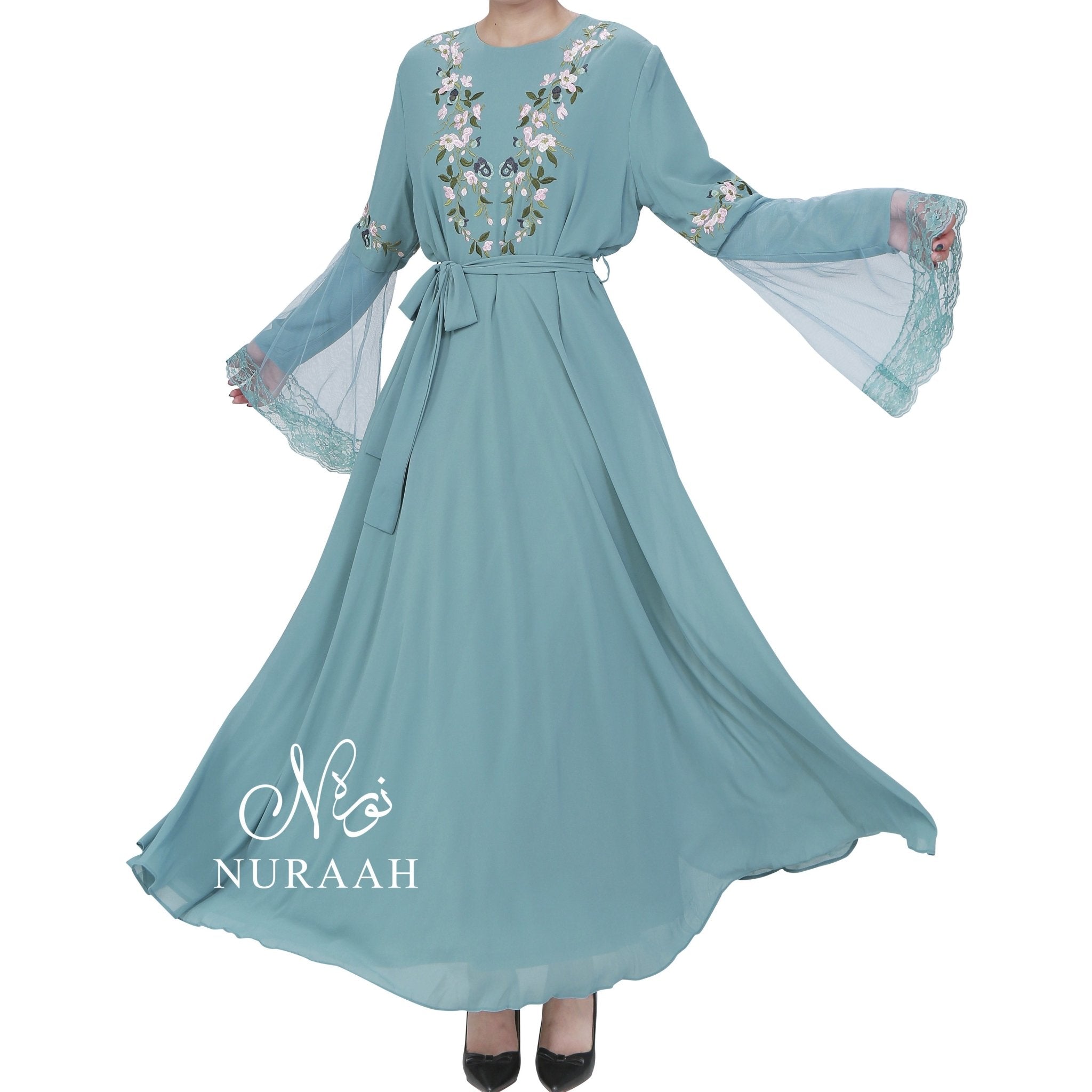 NET SLEEVES EMBROIDERY DRESS POWDER BLUE - NURAAH