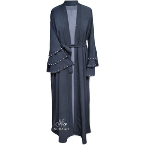PEARL LAYERED SLEEVE OPEN ABAYA BLACK - NURAAH