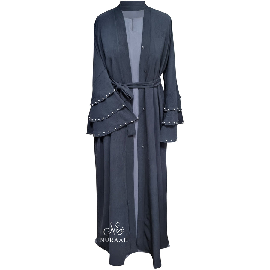 PEARL LAYERED SLEEVE OPEN ABAYA BLACK - NURAAH