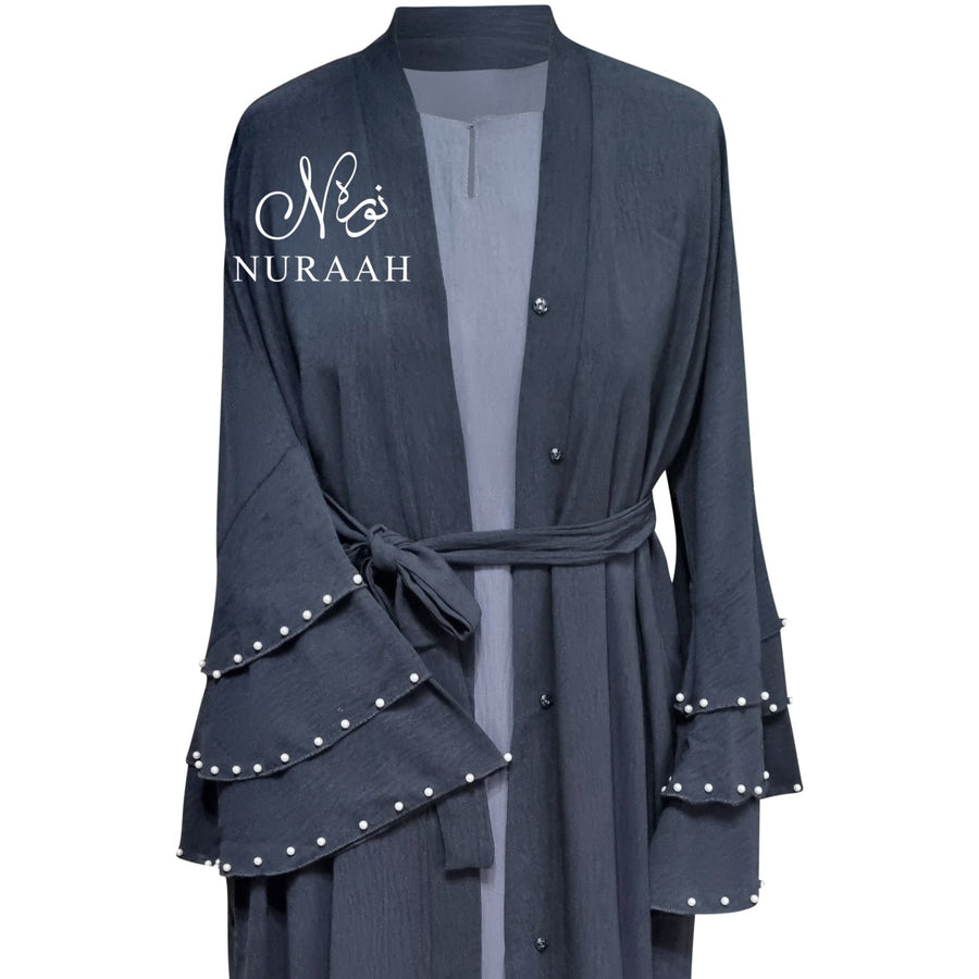 PEARL LAYERED SLEEVE OPEN ABAYA BLACK - NURAAH