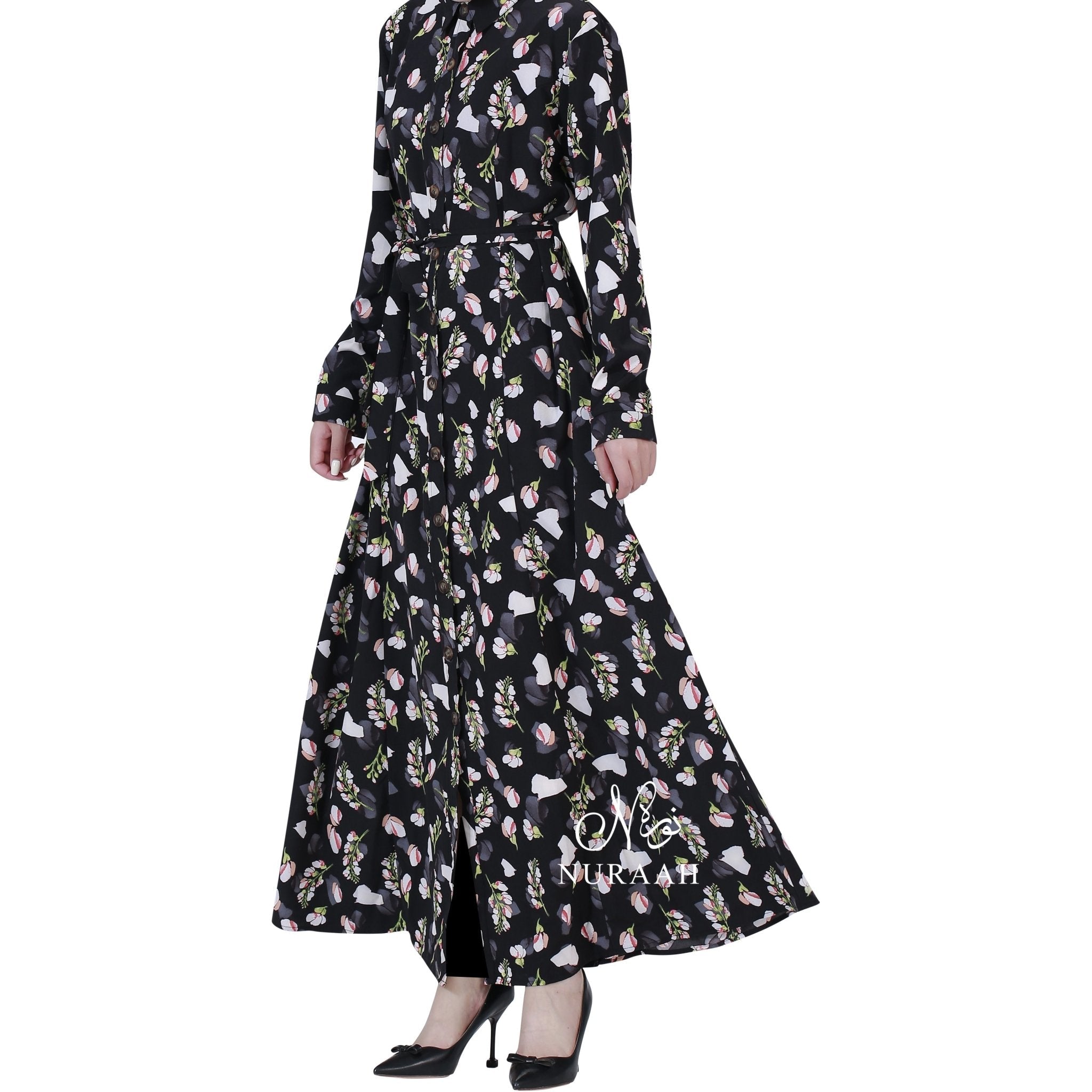 PETAL FLORAL PRINT SHIRT DRESS BLACK 06 - NURAAH
