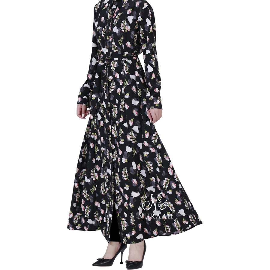 PETAL FLORAL PRINT SHIRT DRESS BLACK - NURAAH