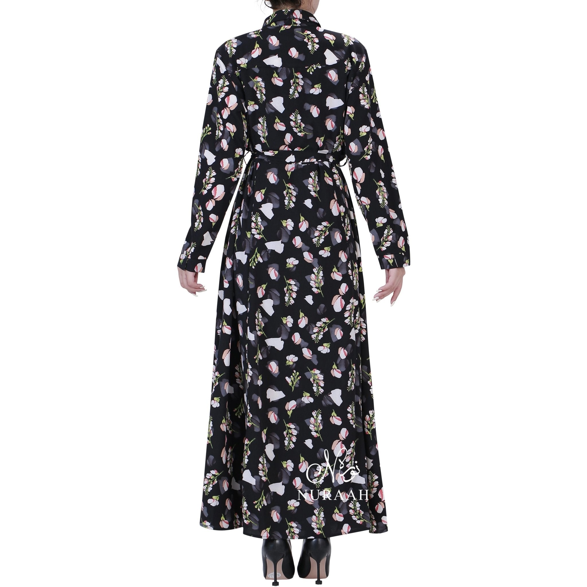 PETAL FLORAL PRINT SHIRT DRESS BLACK - NURAAH