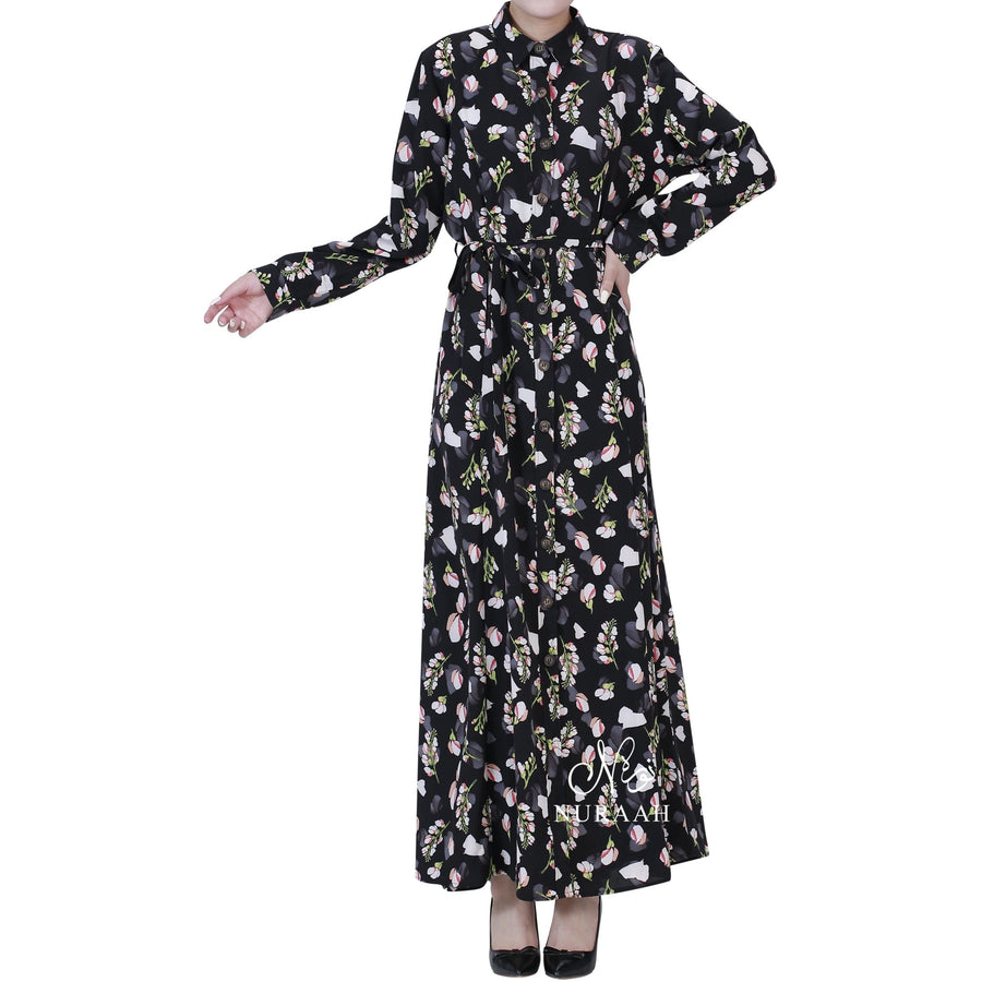 PETAL FLORAL PRINT SHIRT DRESS BLACK - NURAAH