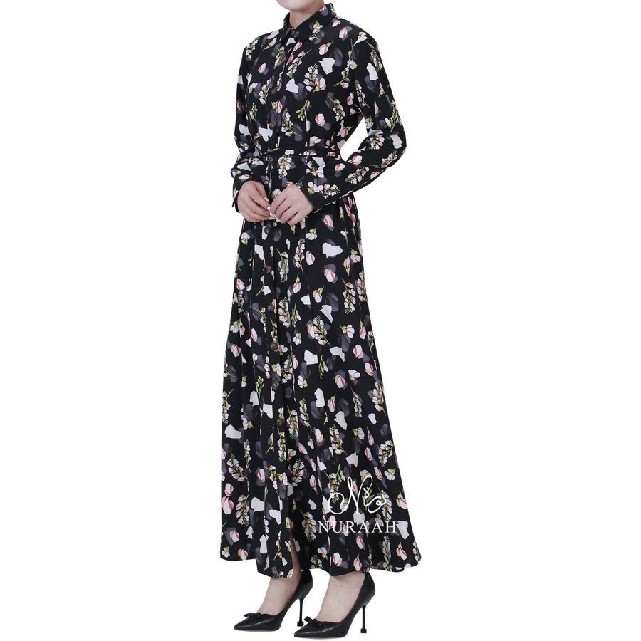 PETAL FLORAL PRINT SHIRT DRESS BLACK - NURAAH