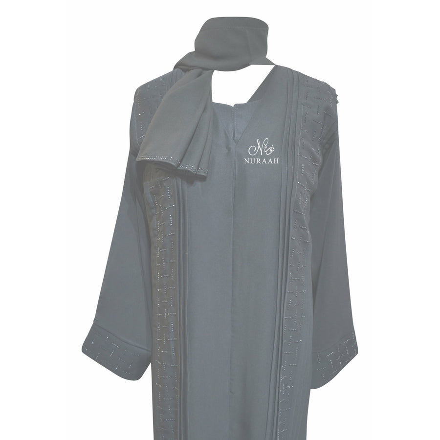 PINTUCK STONE WORK OPEN ABAYA SLATE GREY - NURAAH