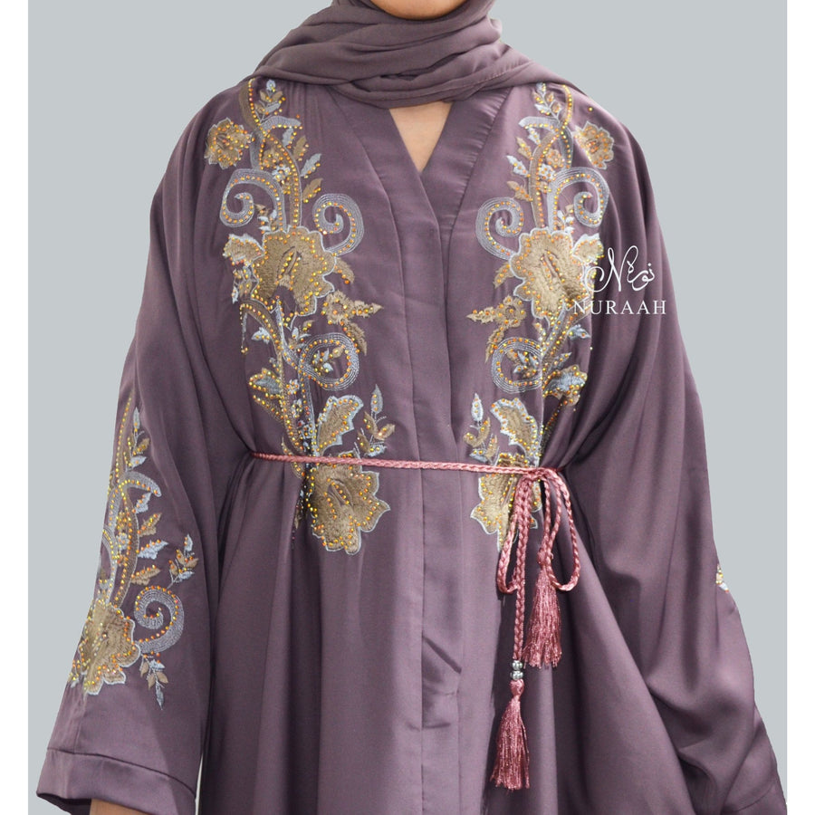 PREMIUM EMBROIDERED EMBELLISHED OPEN ABAYA MAUVE - NURAAH