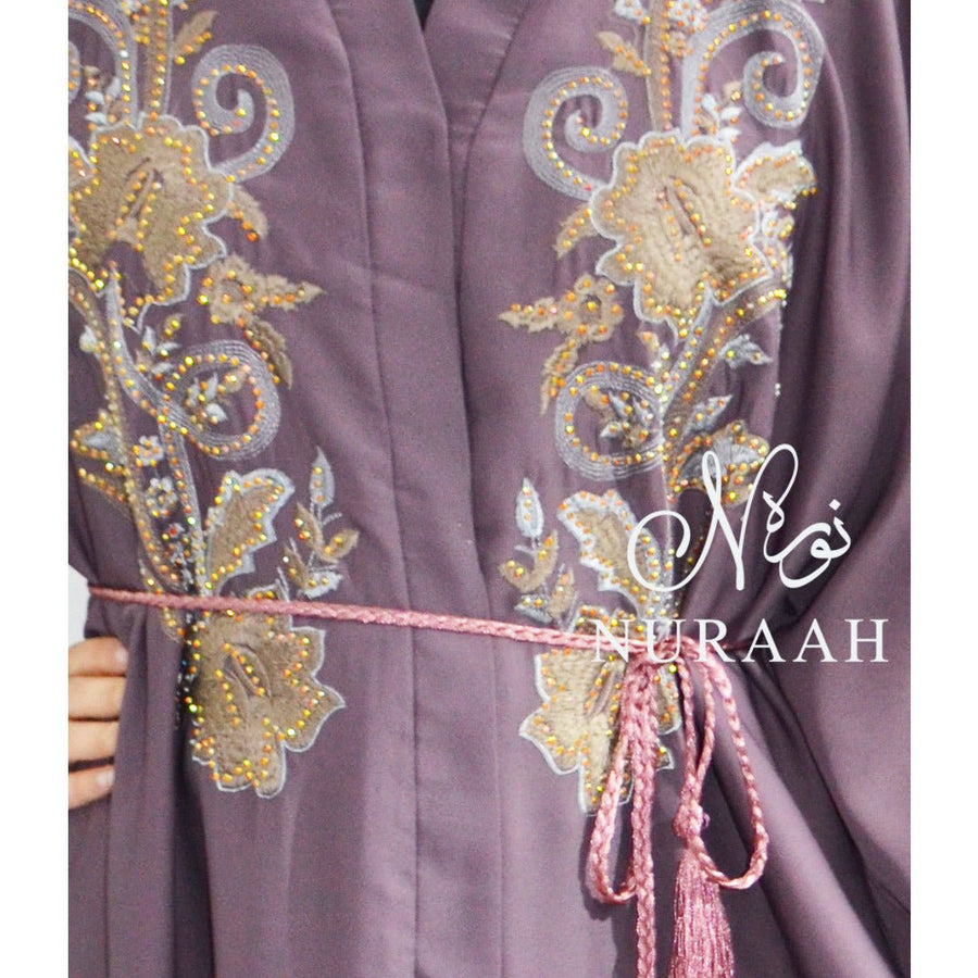 PREMIUM EMBROIDERED EMBELLISHED OPEN ABAYA MAUVE - NURAAH