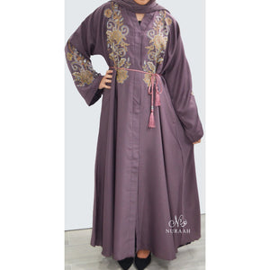 PREMIUM EMBROIDERED EMBELLISHED OPEN ABAYA MAUVE - NURAAH