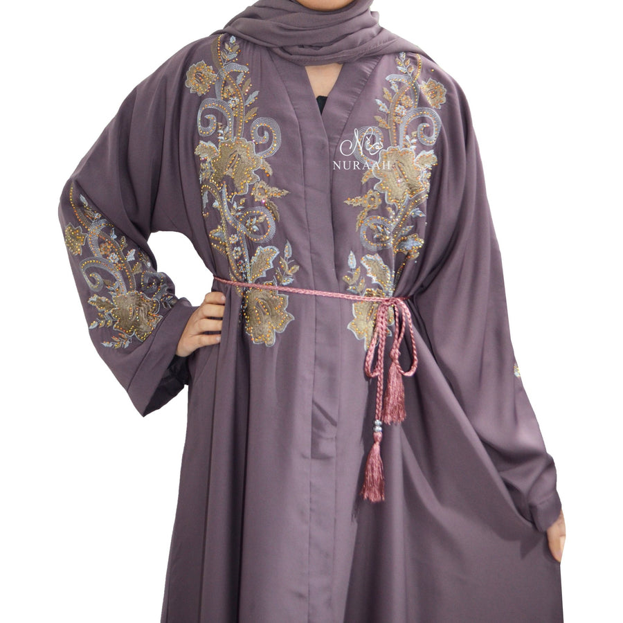 PREMIUM EMBROIDERED EMBELLISHED OPEN ABAYA MAUVE - NURAAH