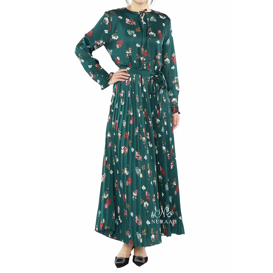 PRINT SATIN PLEATED DRESS - NURAAH