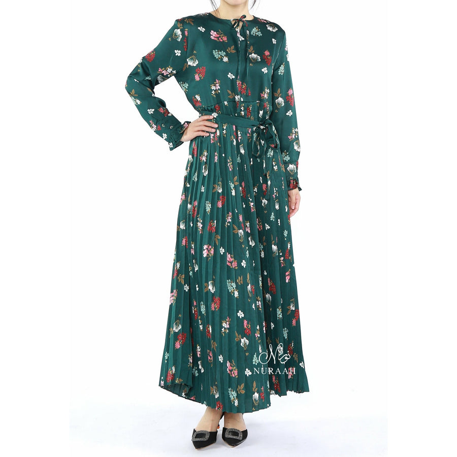 PRINT SATIN PLEATED DRESS - NURAAH