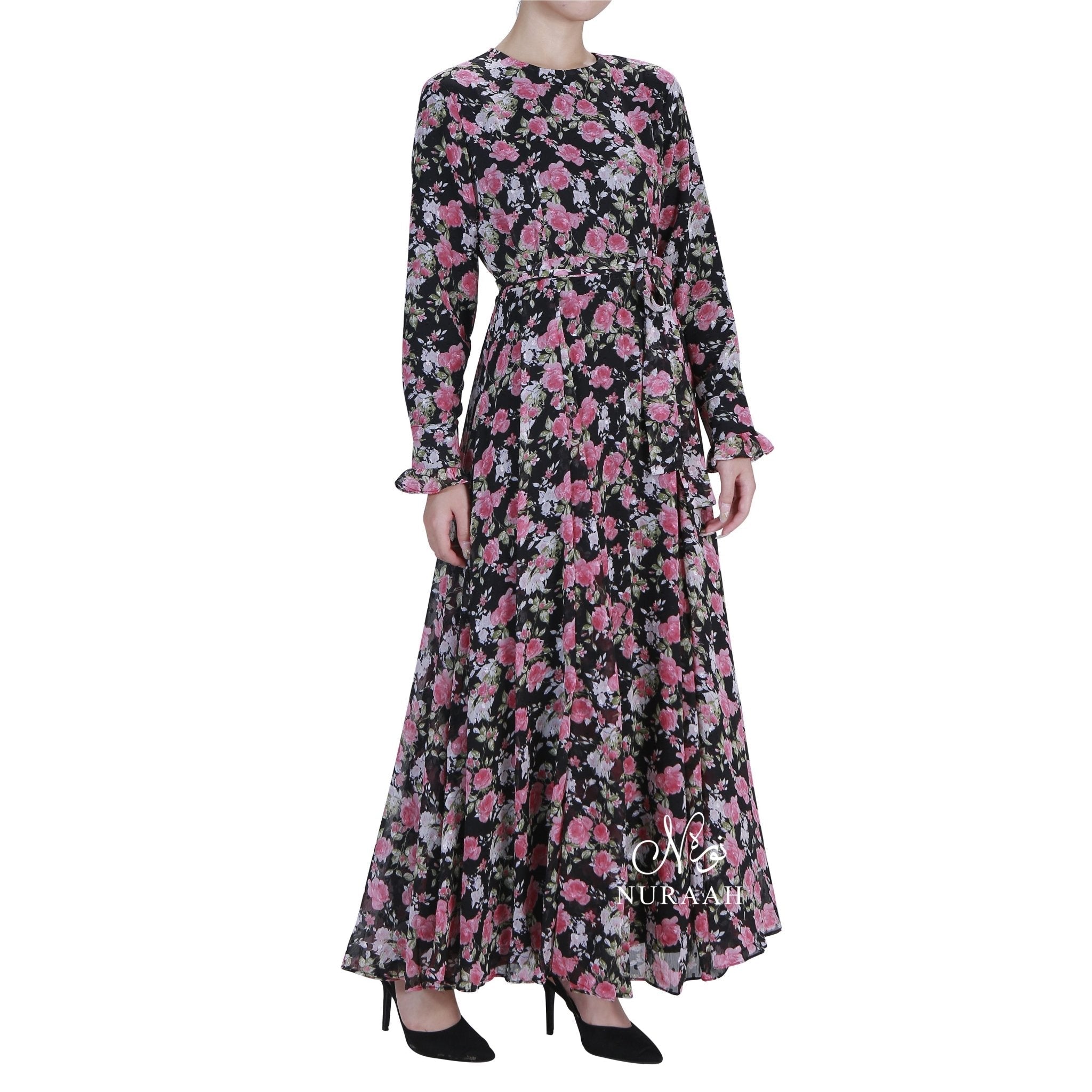ROSE PRINT PLUMETIS DRESS BLACK 05 - NURAAH