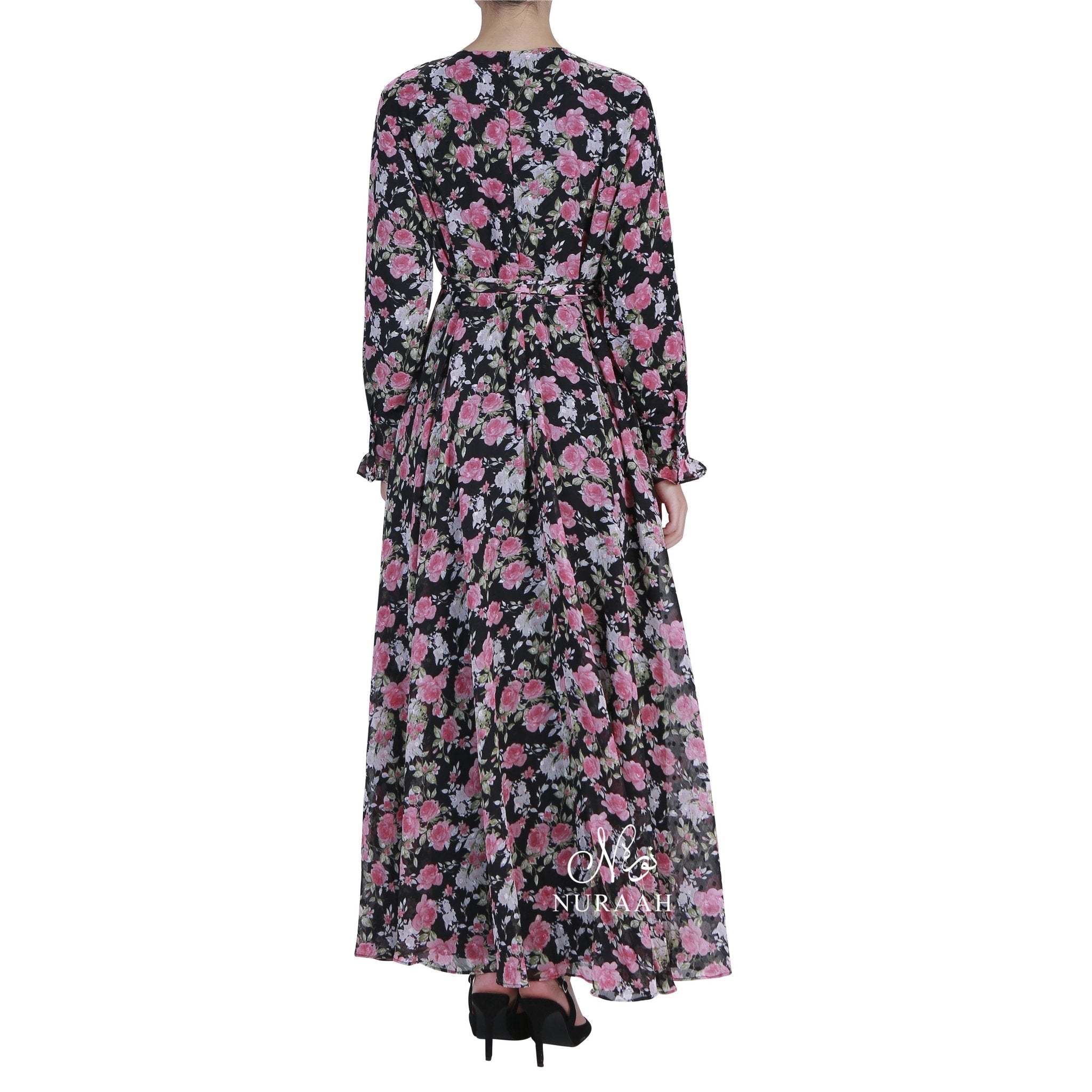 ROSE PRINT PLUMETIS DRESS BLACK 05 - NURAAH