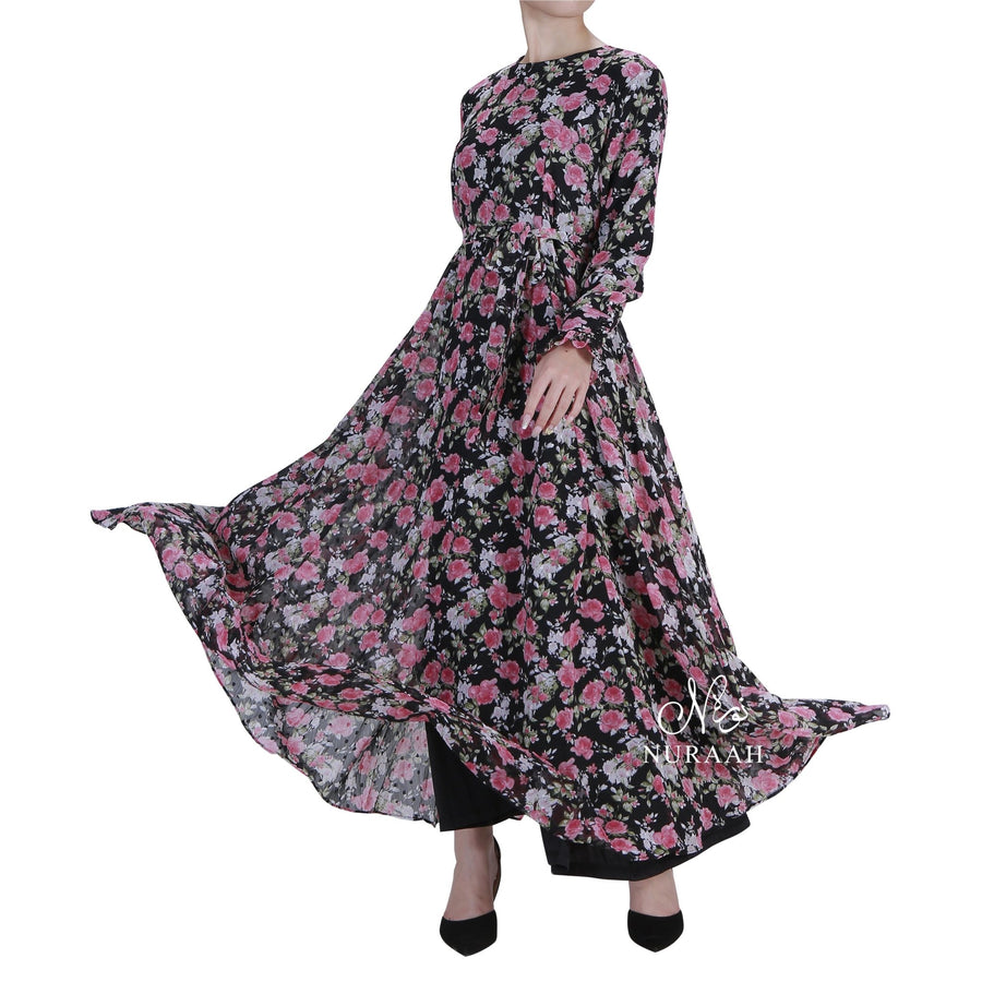 ROSE PRINT PLUMETIS DRESS BLACK - NURAAH