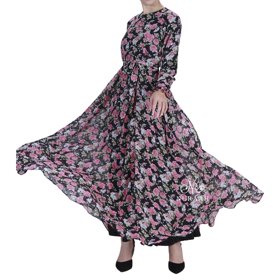 ROSE PRINT PLUMETIS DRESS BLACK - NURAAH