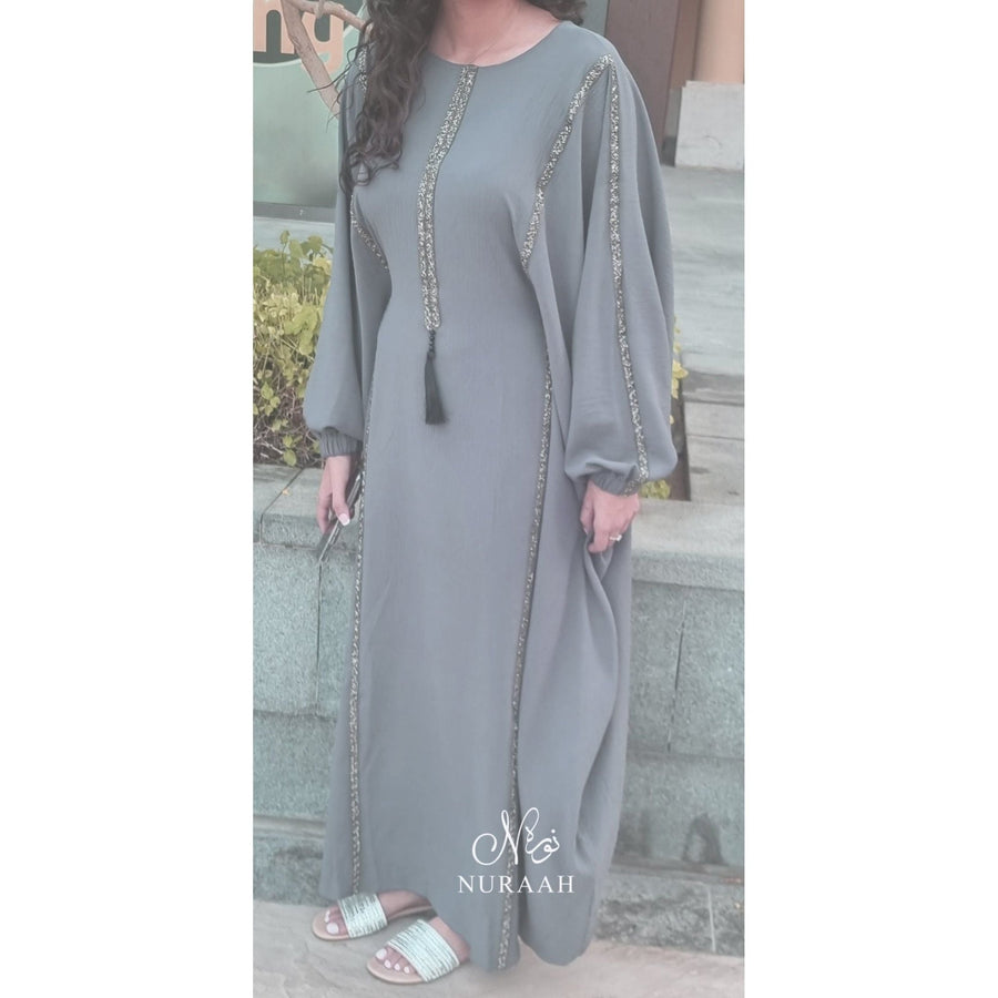 SARA BATWING EMBELLISHED ABAYA GREY - NURAAH