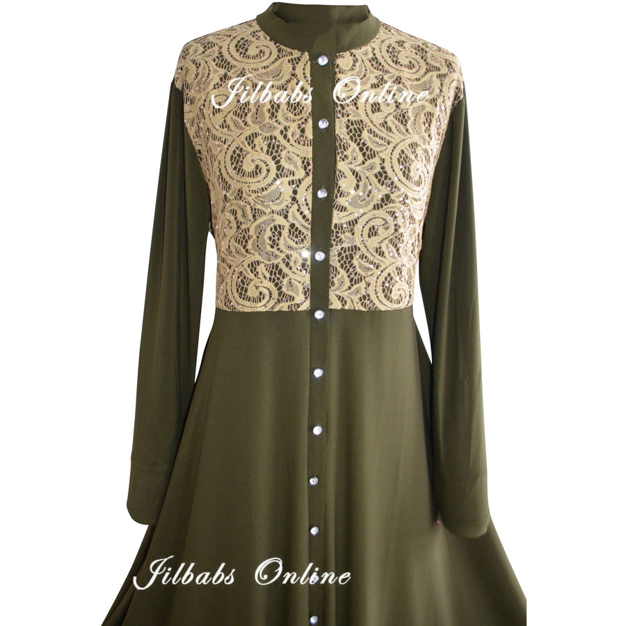 SEQUIN LACE FRONT OPENING ABAYA army green - NURAAH