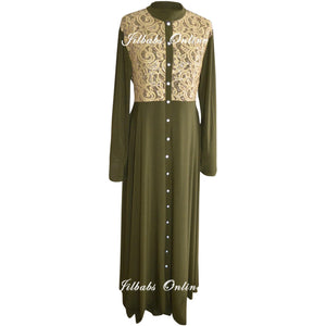 SEQUIN LACE FRONT OPENING ABAYA army green - NURAAH