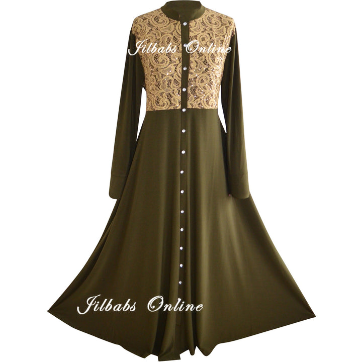SEQUIN LACE FRONT OPENING ABAYA army green - NURAAH