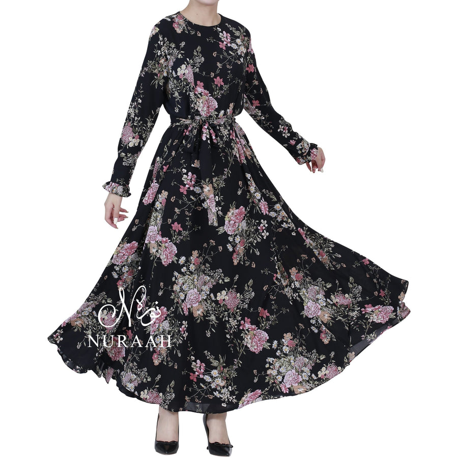 WARDA FLORAL PRINT DRESS BLACK - NURAAH