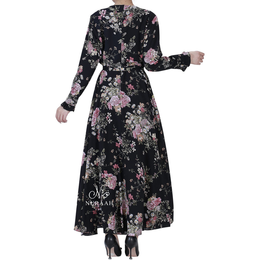 WARDA FLORAL PRINT DRESS BLACK - NURAAH