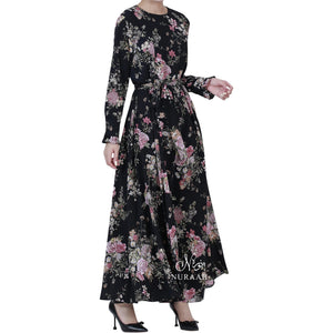 WARDA FLORAL PRINT DRESS BLACK - NURAAH