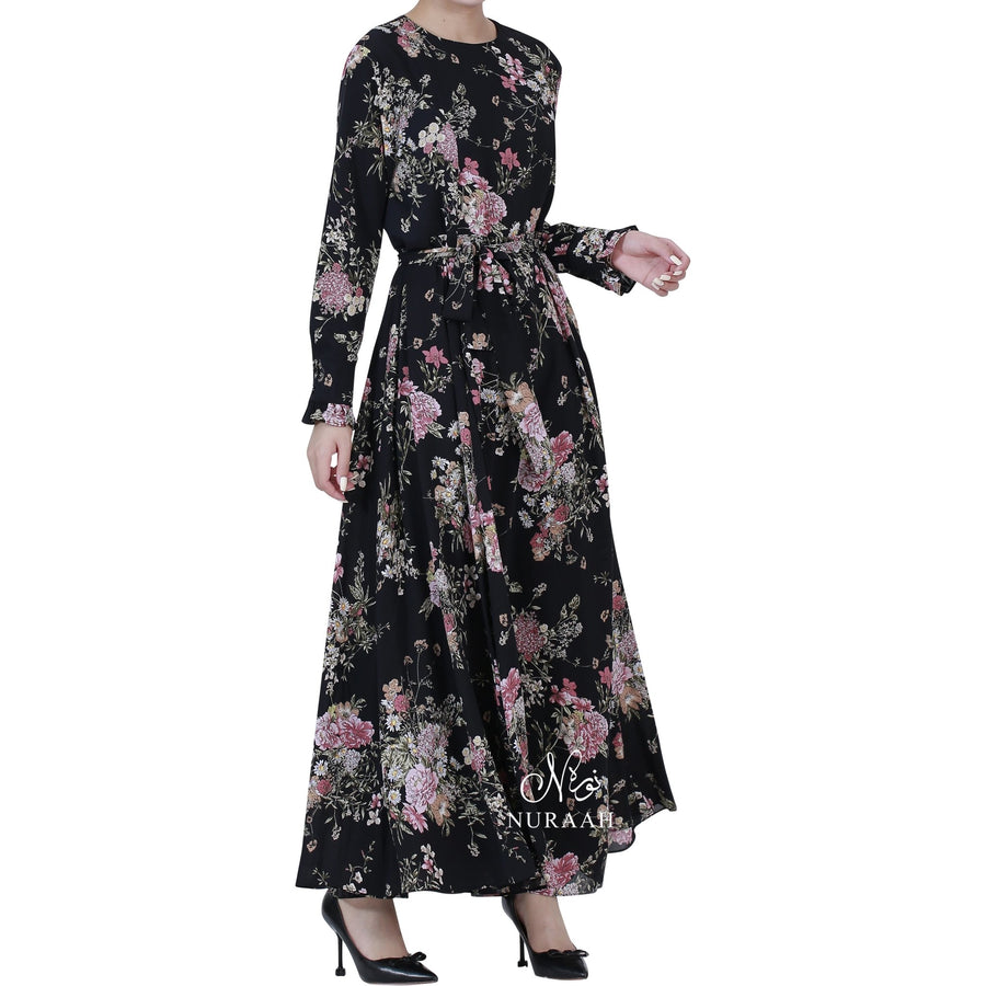 WARDA FLORAL PRINT DRESS BLACK - NURAAH