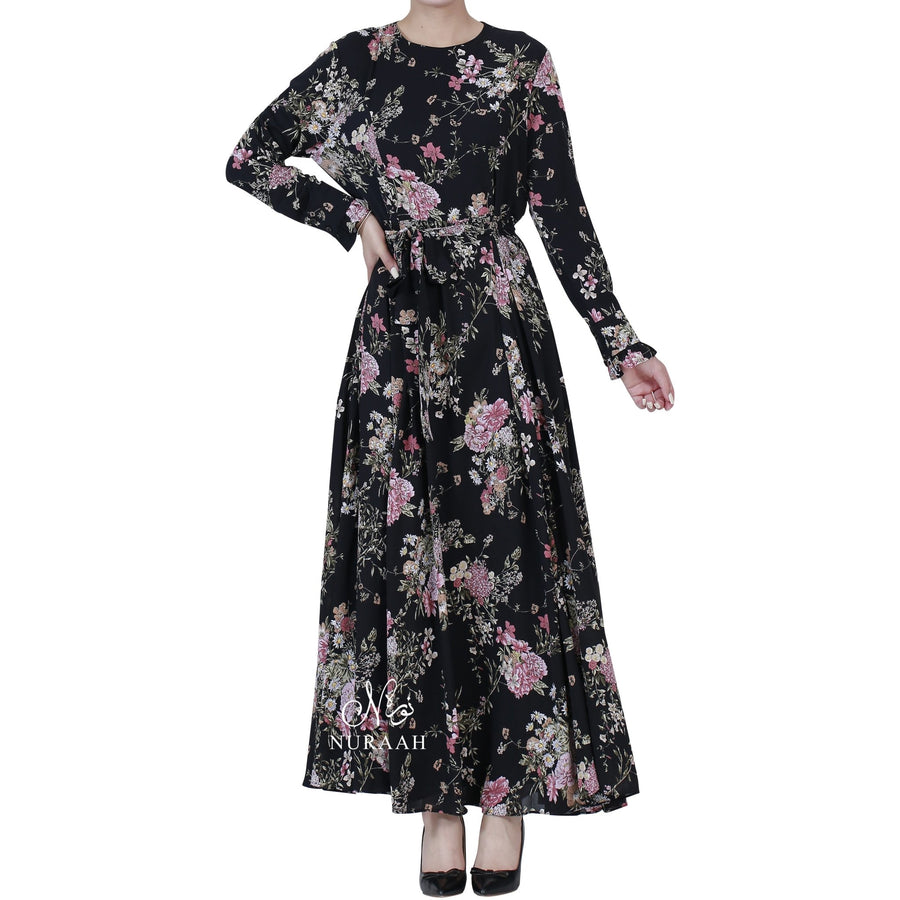 WARDA FLORAL PRINT DRESS BLACK - NURAAH