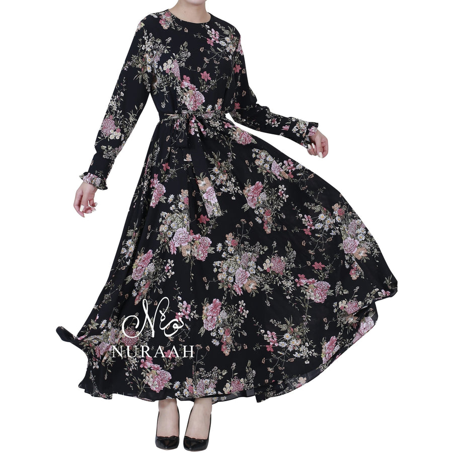 WARDA FLORAL PRINT DRESS BLACK - NURAAH